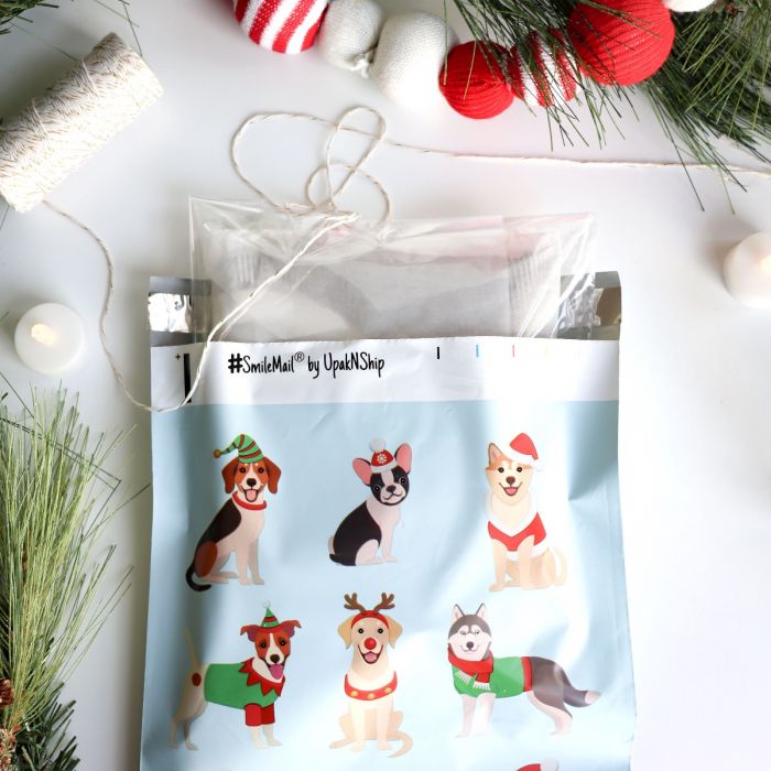 100 10x13 Blue Festive Pups Christmas Designer Poly Mailers Envelopes Bags